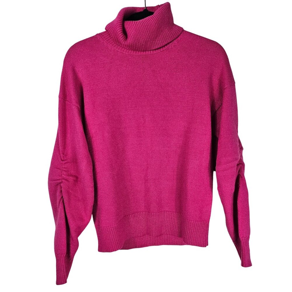 Boston Proper Pink Turtleneck‎ Sweater S Rayon Ruched Sleeves Preppy Feminine